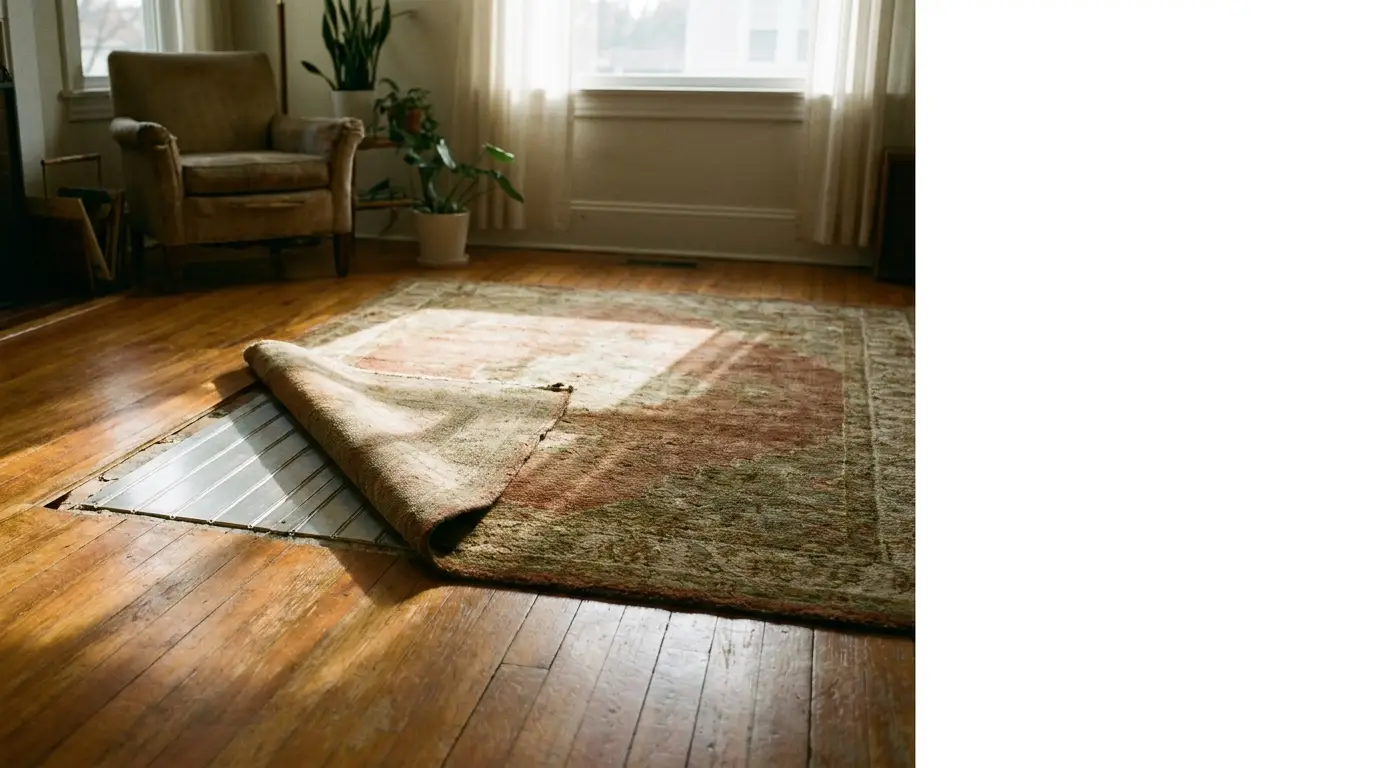 Rug partially lifted revealing metal heating grate in sunlit living room with armchair and plants