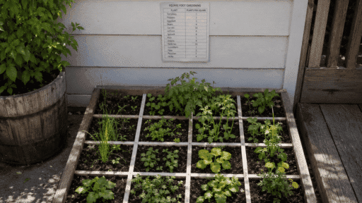 raised garden bed with small vegetable plants growing in square sections beside a wooden deck and wall chart