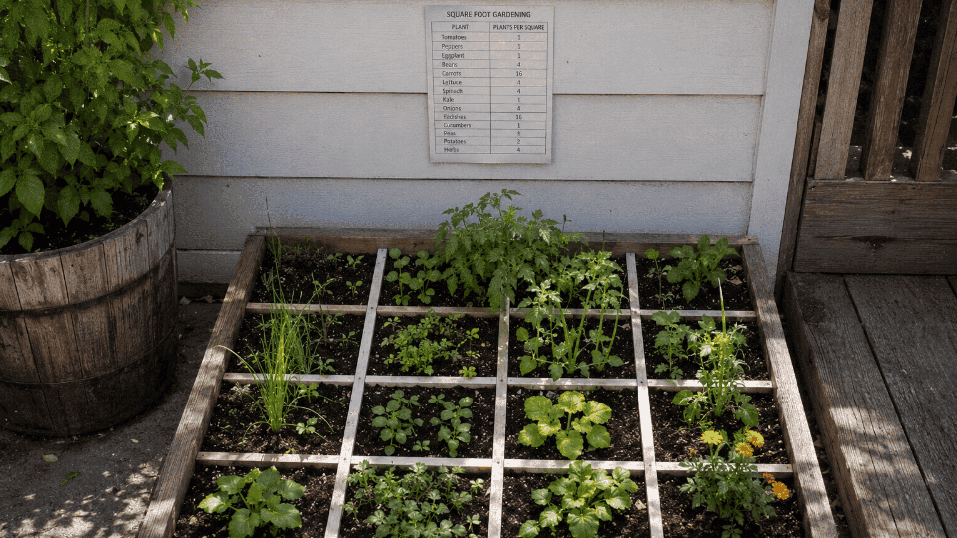 raised garden bed with small vegetable plants growing in square sections beside a wooden deck and wall chart
