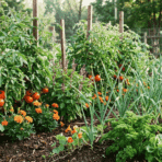 Raised garden bed with staked tomato plants growing alongside basil, marigolds, onions, nasturtiums, and leafy greens.