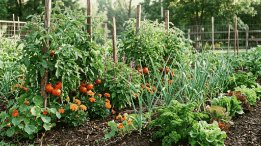 Raised garden bed with staked tomato plants growing alongside basil, marigolds, onions, nasturtiums, and leafy greens.