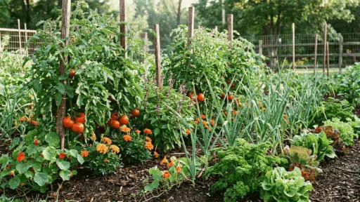 Raised garden bed with staked tomato plants growing alongside basil, marigolds, onions, nasturtiums, and leafy greens.