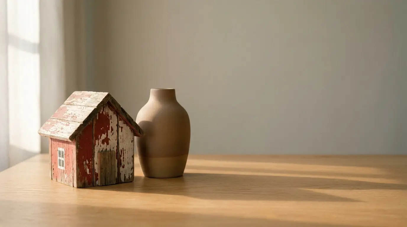 Weathered wooden toy house beside ceramic vase on sunlit wooden table