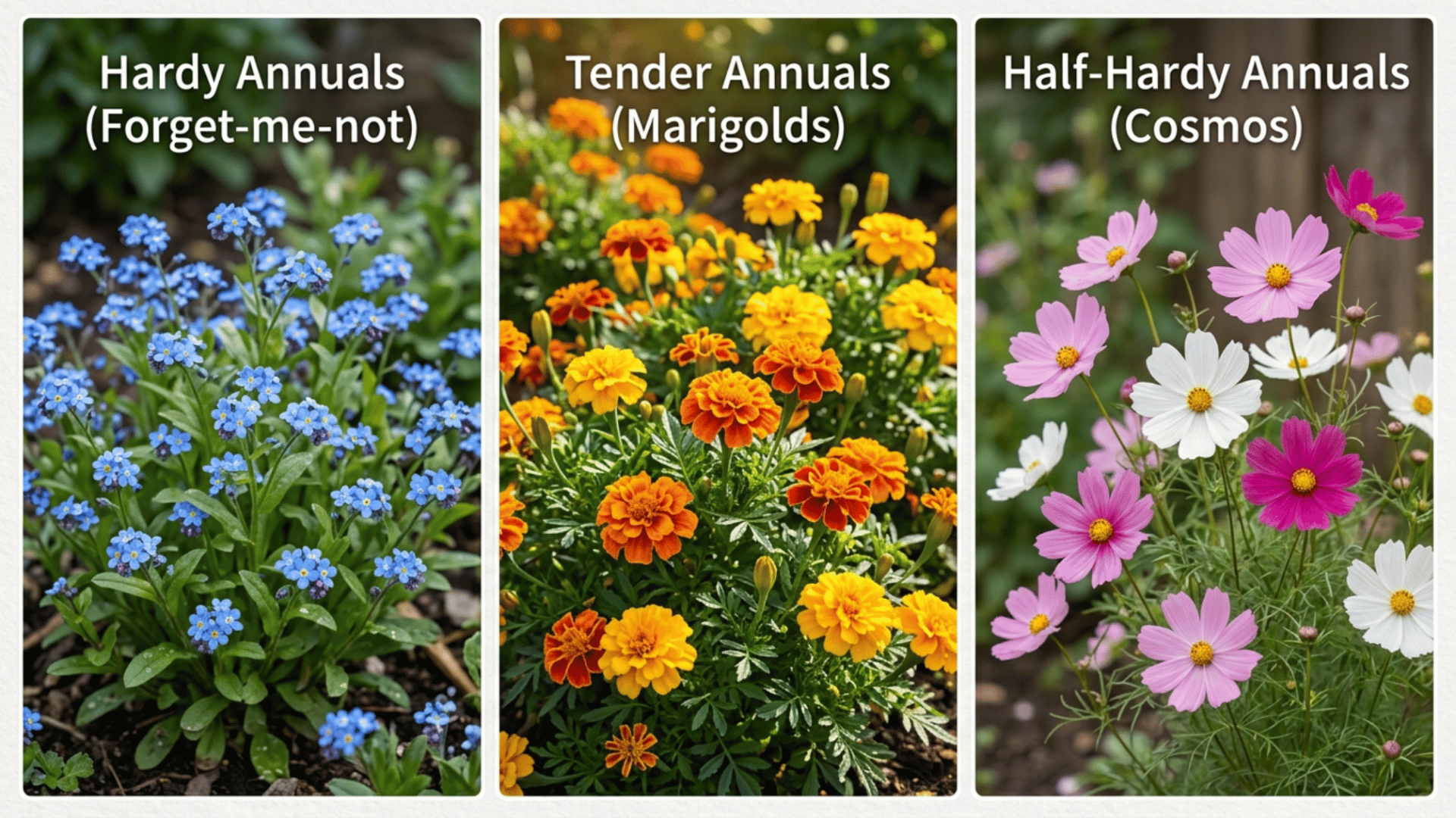 realistic collage showing hardy forget me not, tender marigolds, and half hardy cosmos with clear labeled sections