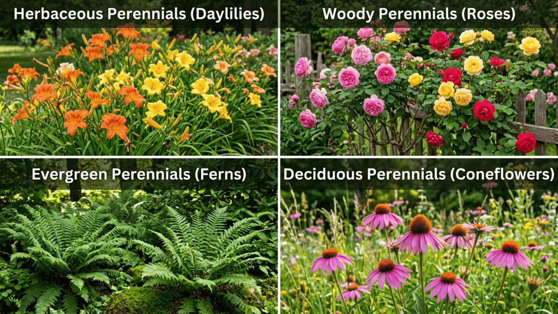 realistic collage showing herbaceous daylilies, woody roses, evergreen ferns, and deciduous coneflowers with labels