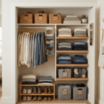 realistic diy small closet ideas with shelves bins hanging storage and organized clothing setup