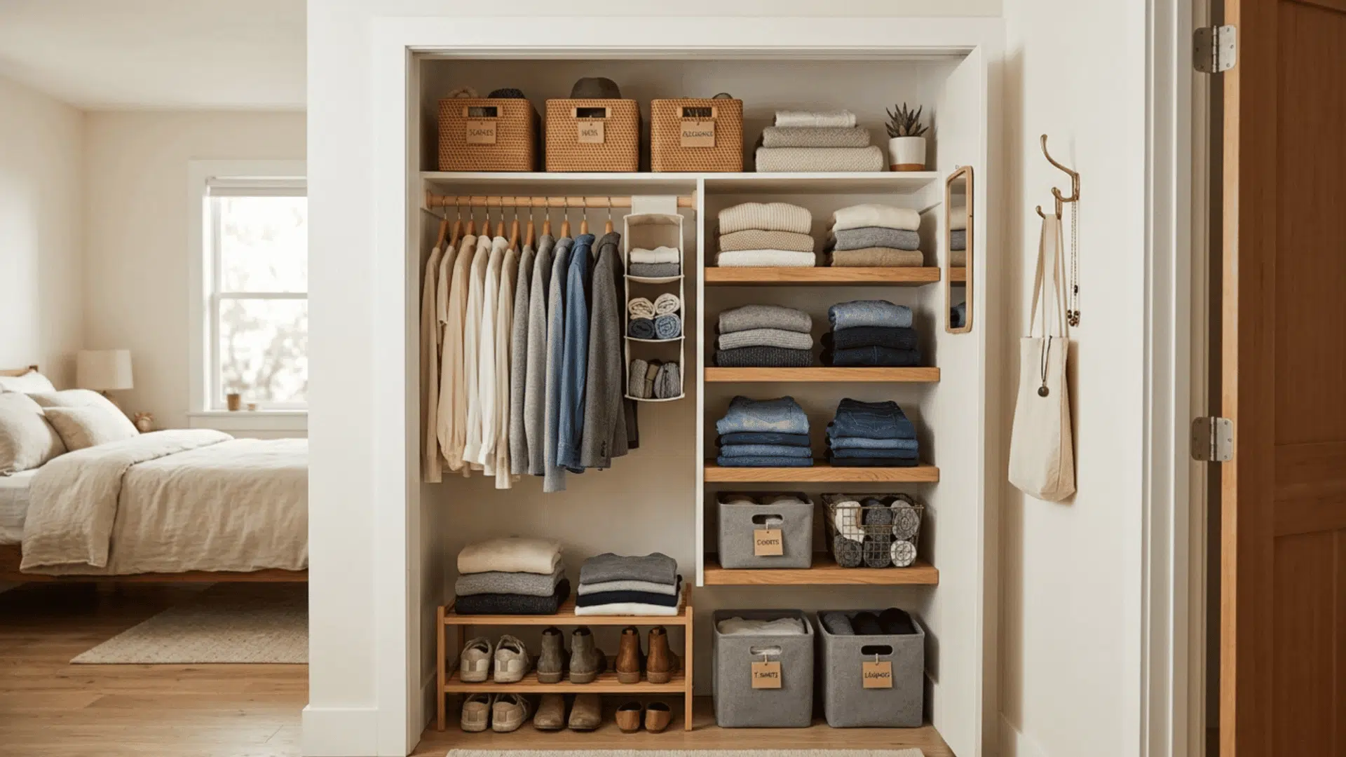 realistic diy small closet ideas with shelves bins hanging storage and organized clothing setup