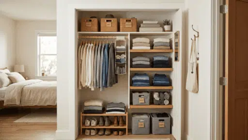 realistic diy small closet ideas with shelves bins hanging storage and organized clothing setup