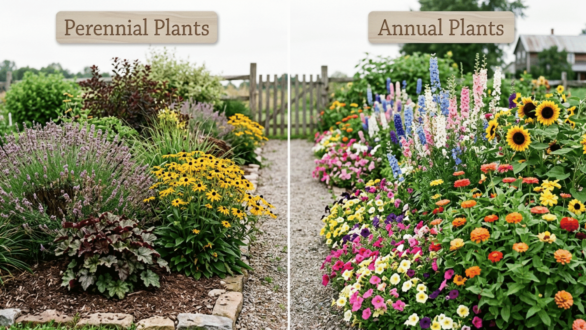realistic split garden showing perennial plants on left and colorful annual plants on right with clear labeled wooden signs