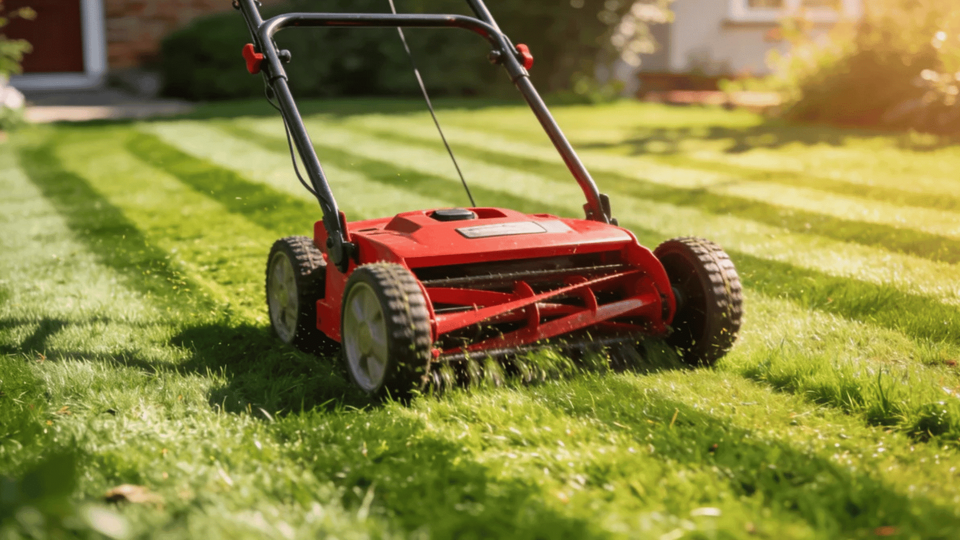 red push lawn mower cutting green grass in a sunny suburban backyard
