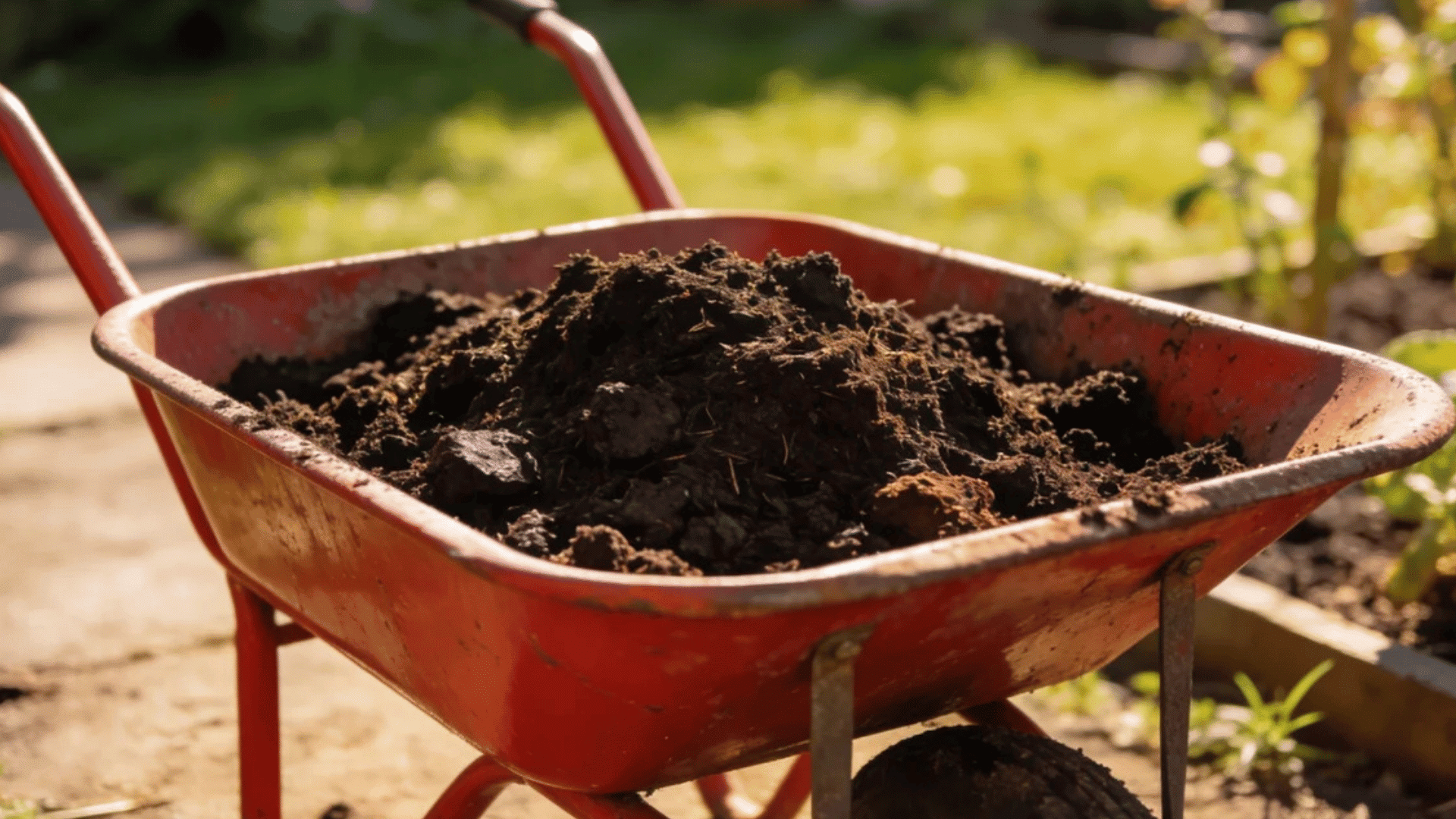 red wheelbarrow filled with dark garden soil beside raised beds in a sunny yard