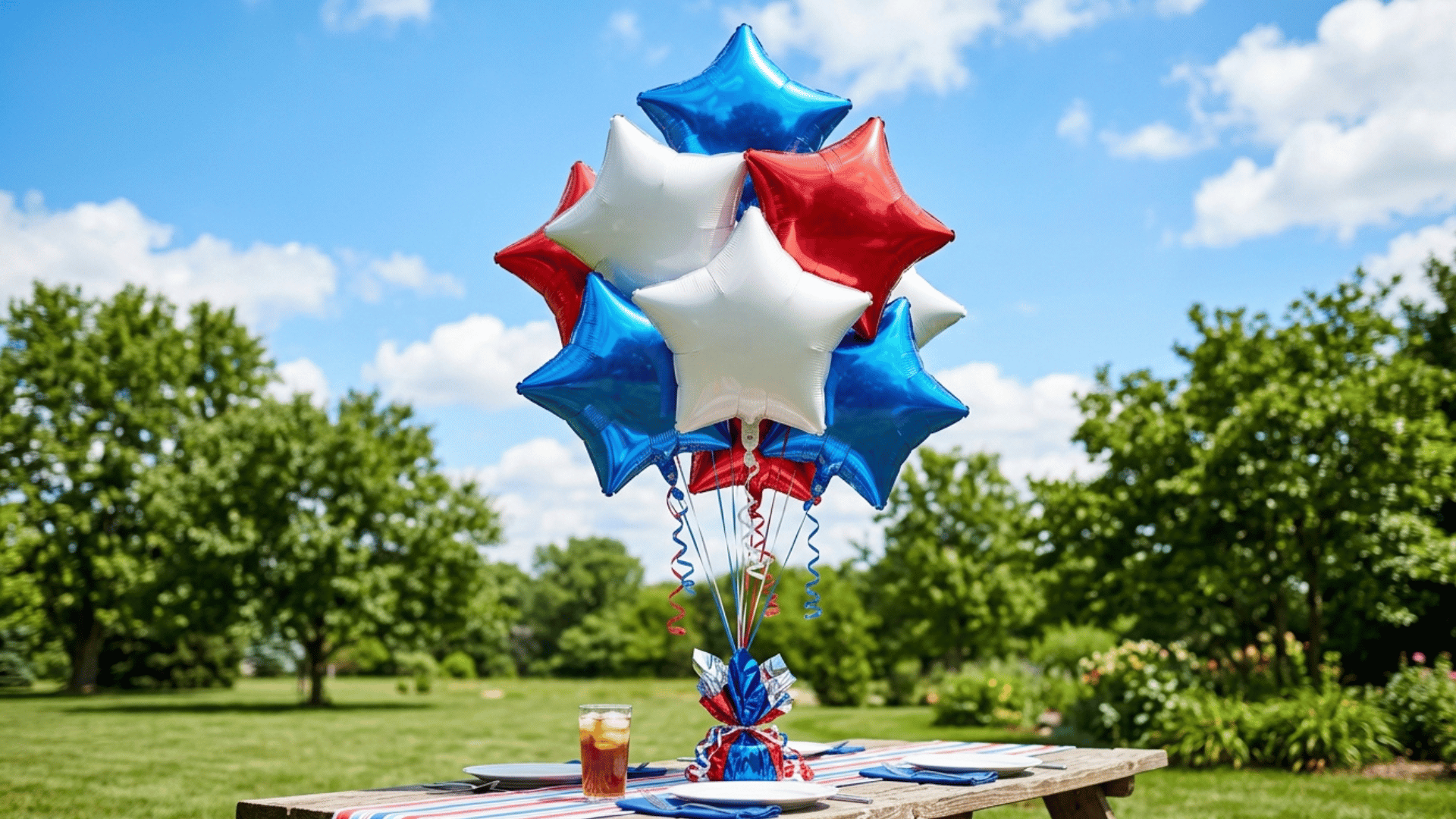 red, white, and blue star balloon centerpiece for outdoor Memorial Day table.