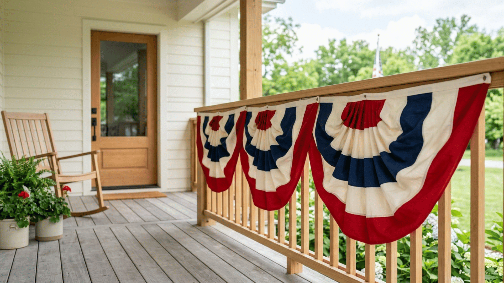 red white blue bunting hanging neatly across porch railing in clean memorial day decor setup