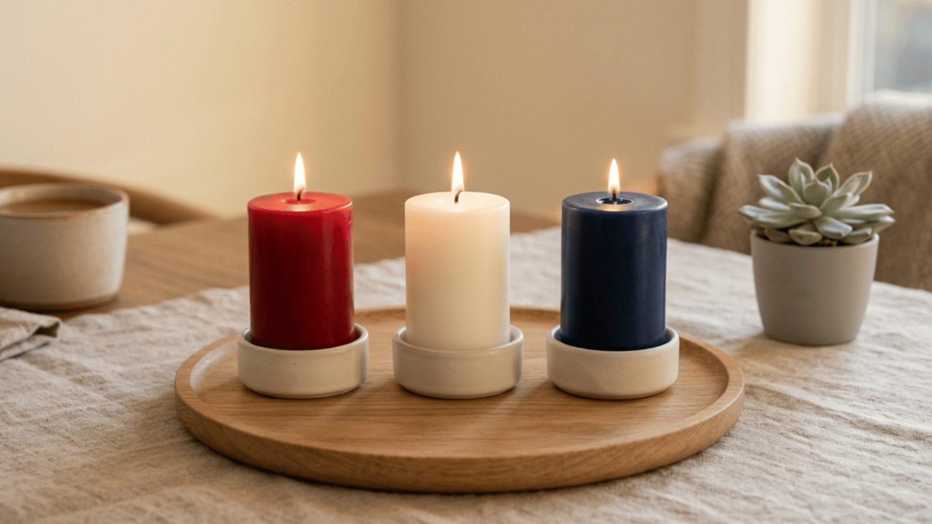 red white blue candles placed on table creating warm and simple patriotic evening setup