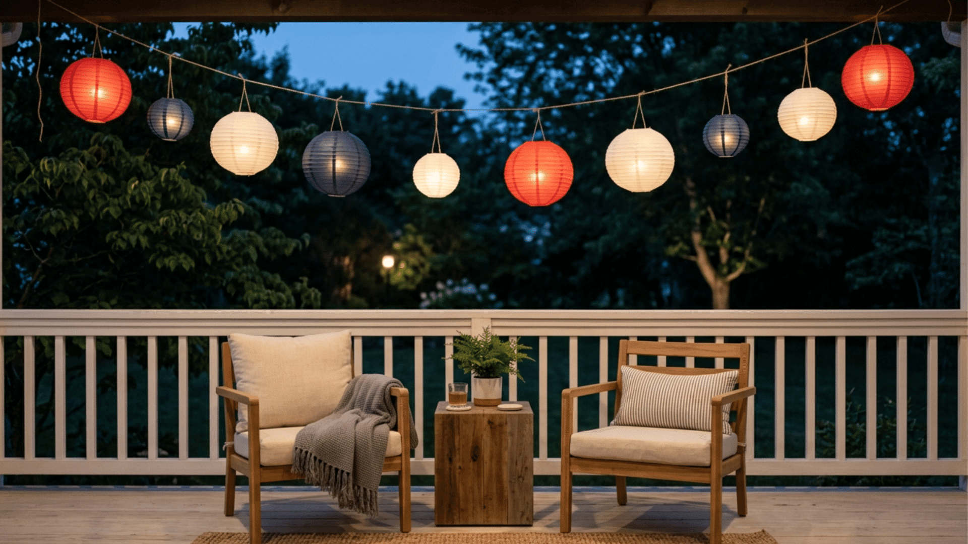 red white blue paper lanterns hanging outdoors with soft lighting creating calm evening decor setup