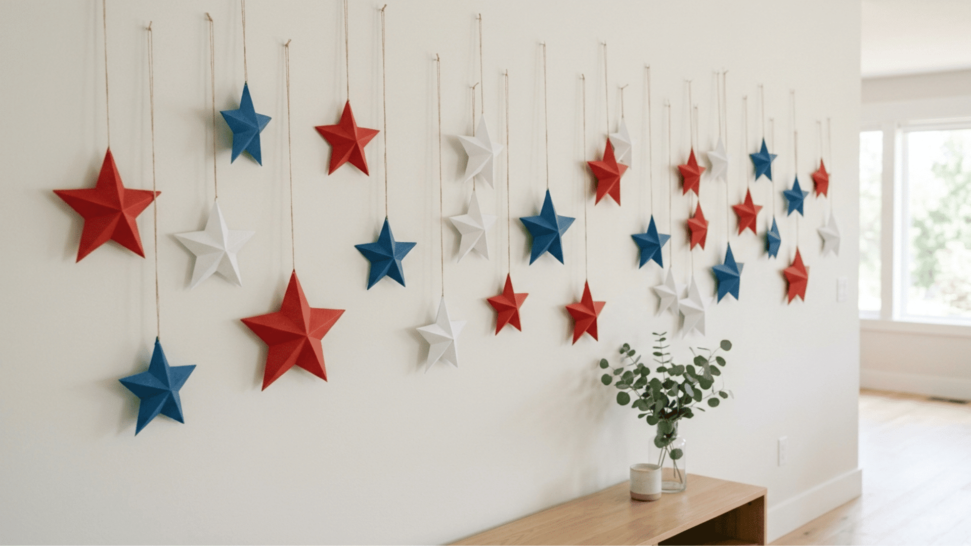 red white blue paper stars hanging at different heights on wall for simple patriotic display