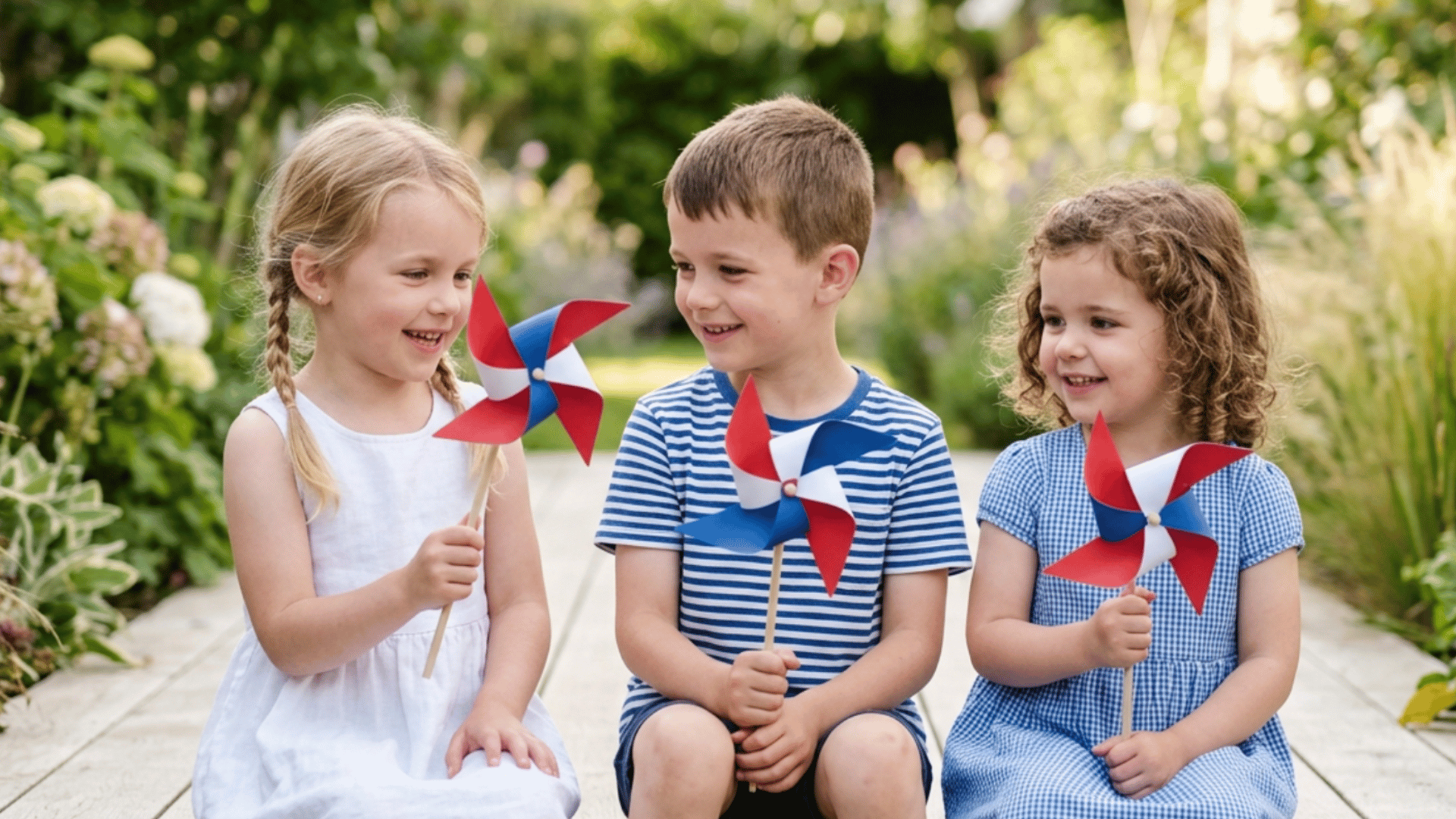 red white blue pinwheels placed in garden adding simple and playful patriotic decoration