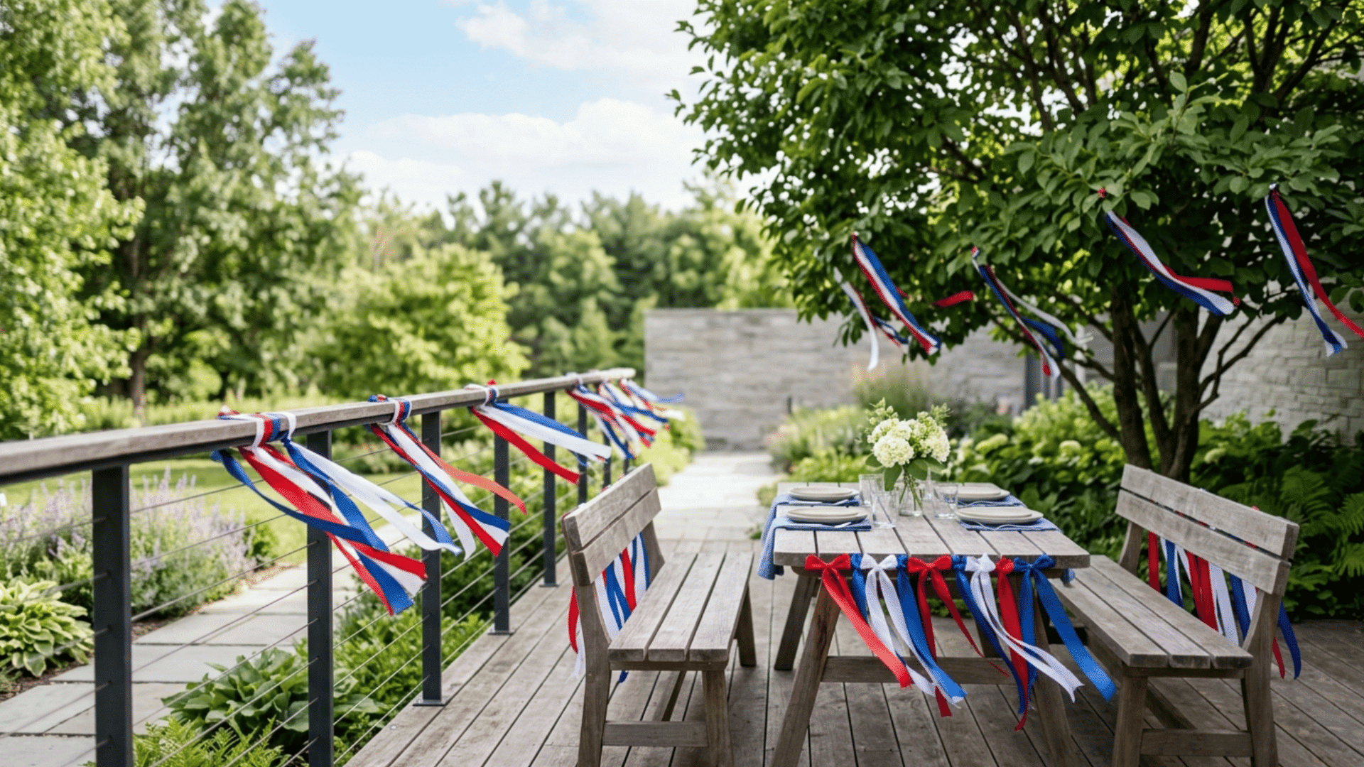 red white blue ribbons tied to chairs or railing gently flowing in outdoor memorial day setup
