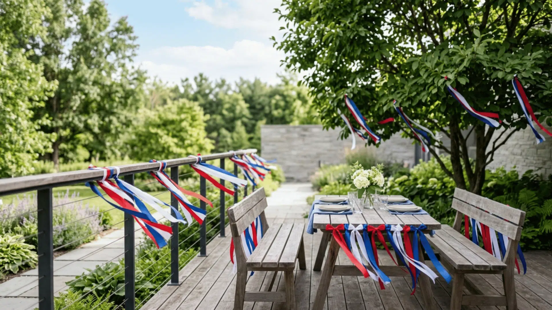 red white blue ribbons tied to chairs or railing gently flowing in outdoor memorial day setup