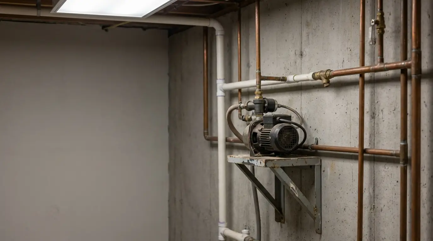 Water pump mounted on concrete wall with exposed copper pipes in dimly lit basement