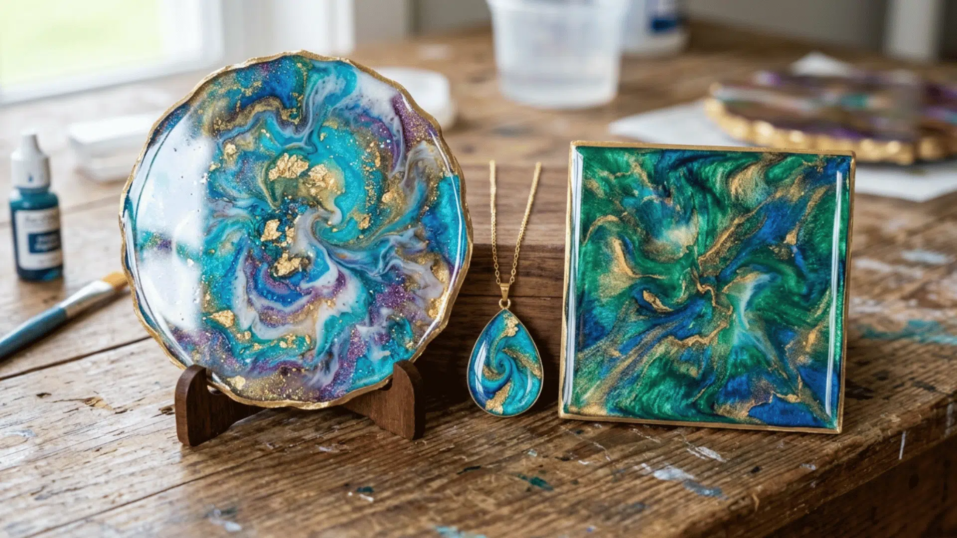 resin art pieces with glossy finish and swirling blue, green and golden colors shown in close detail