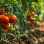 ripe red tomatoes growing on healthy garden plants with cages in a sunny backyard vegetable garden