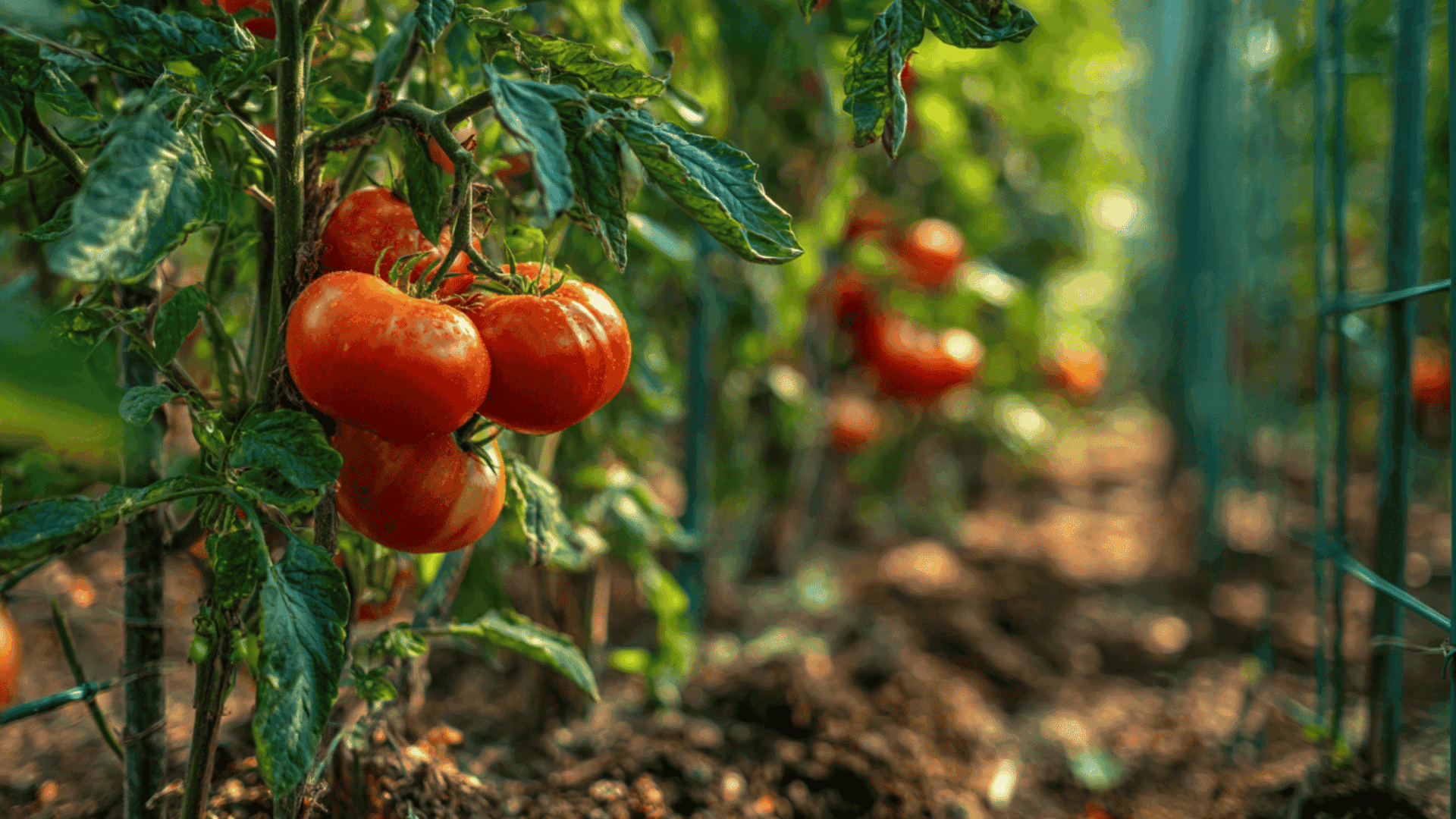 ripe red tomatoes growing on healthy garden plants with cages in a sunny backyard vegetable garden