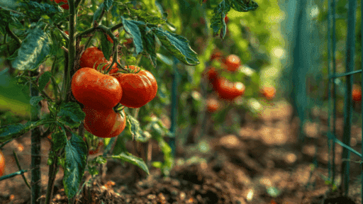ripe red tomatoes growing on healthy garden plants with cages in a sunny backyard vegetable garden