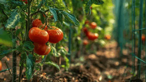 ripe red tomatoes growing on healthy garden plants with cages in a sunny backyard vegetable garden
