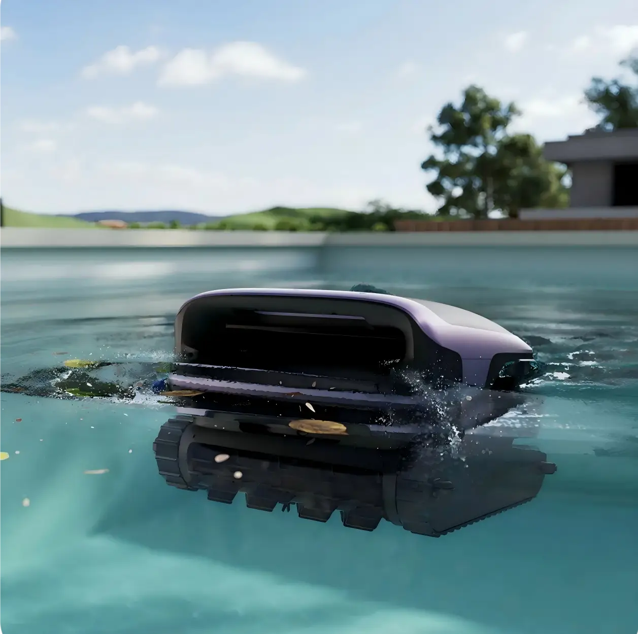 Robotic pool cleaner operating in clear swimming pool under sunny sky