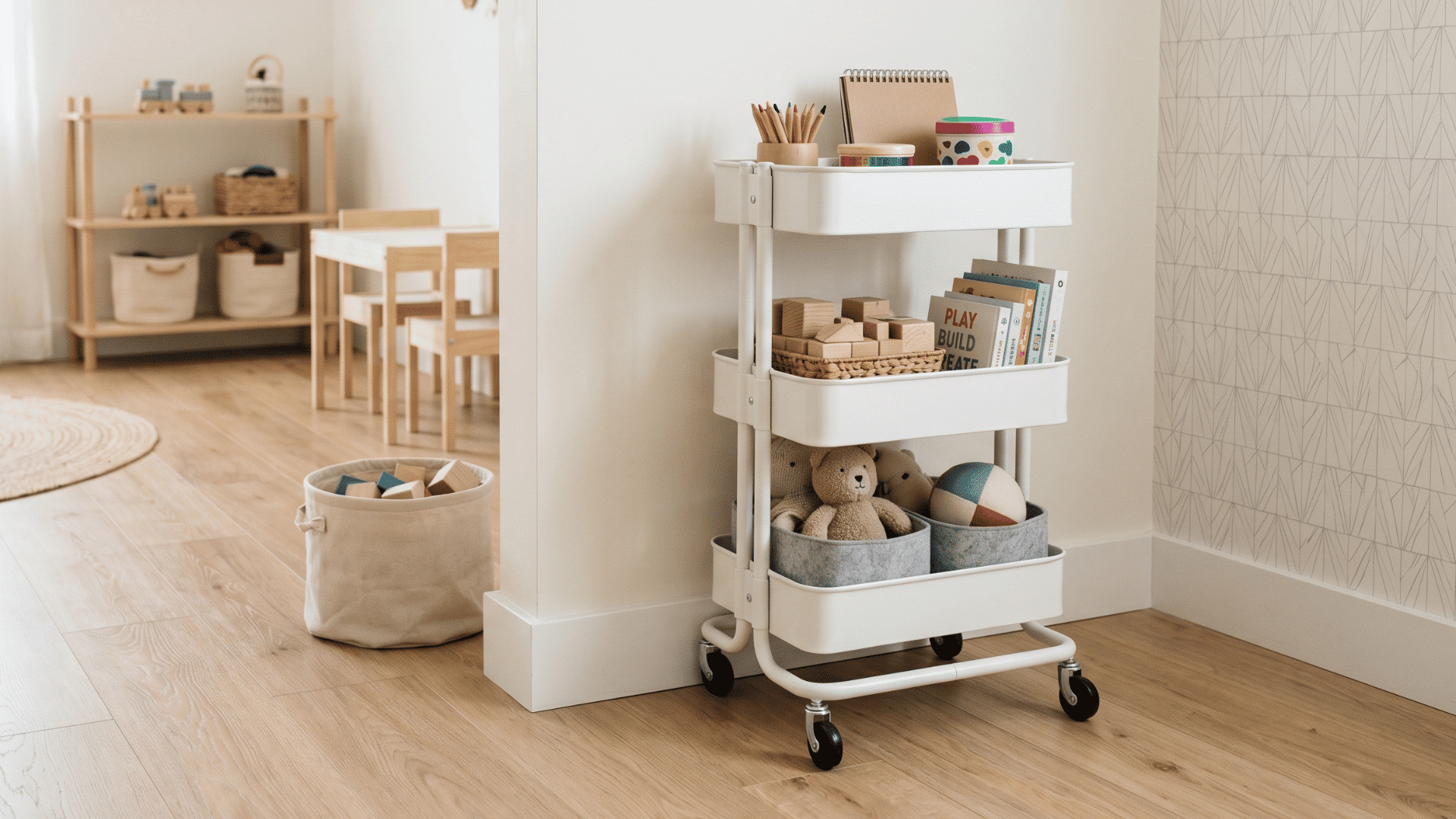 rolling cart with few items on each tier placed in open playroom clean floor soft light minimal setup
