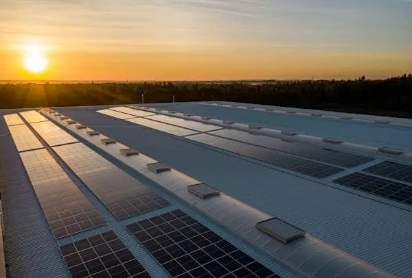 Rows of solar panels on a rooftop at sunrise in an industrial area