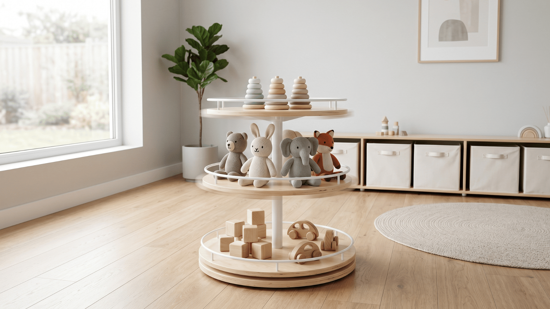 rotating toy stand with few toys in background clean space soft natural light organized setup