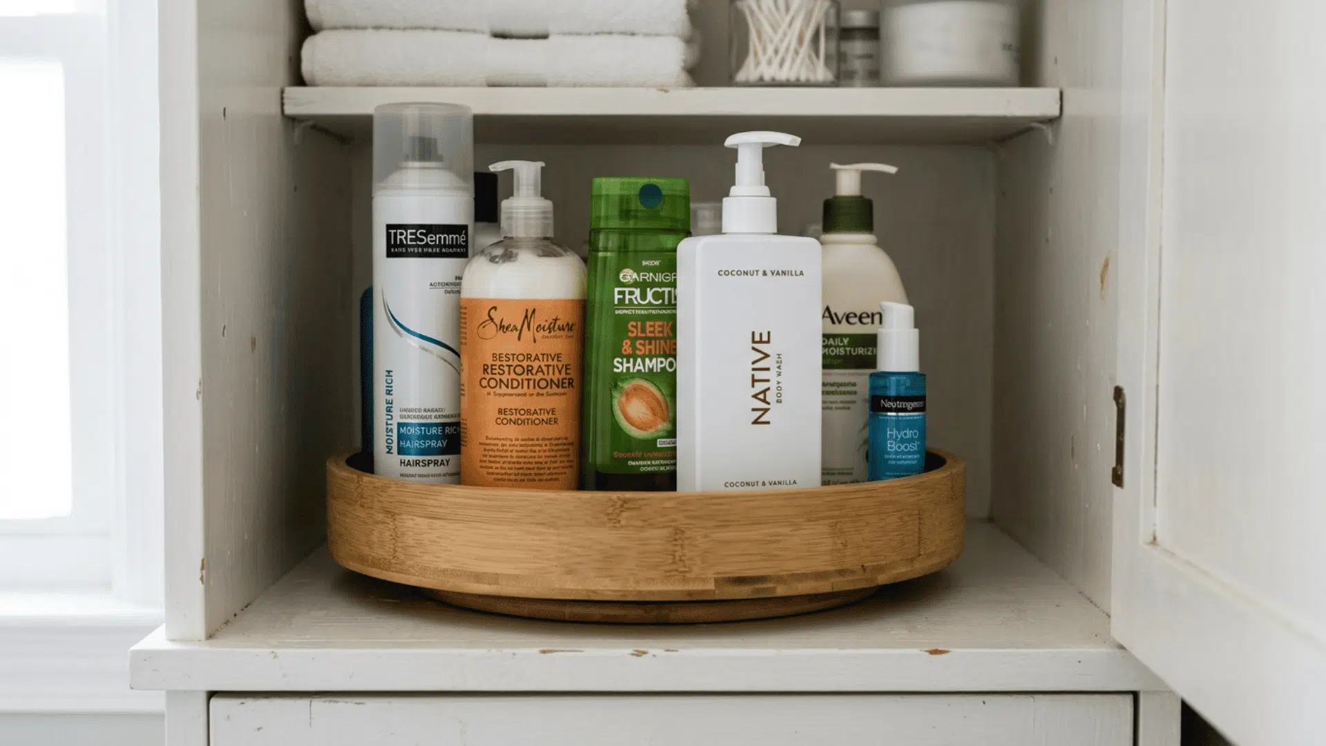 rotating tray inside a bathroom cabinet holding tall bottles of lotion hairspray and conditioner neatly arranged