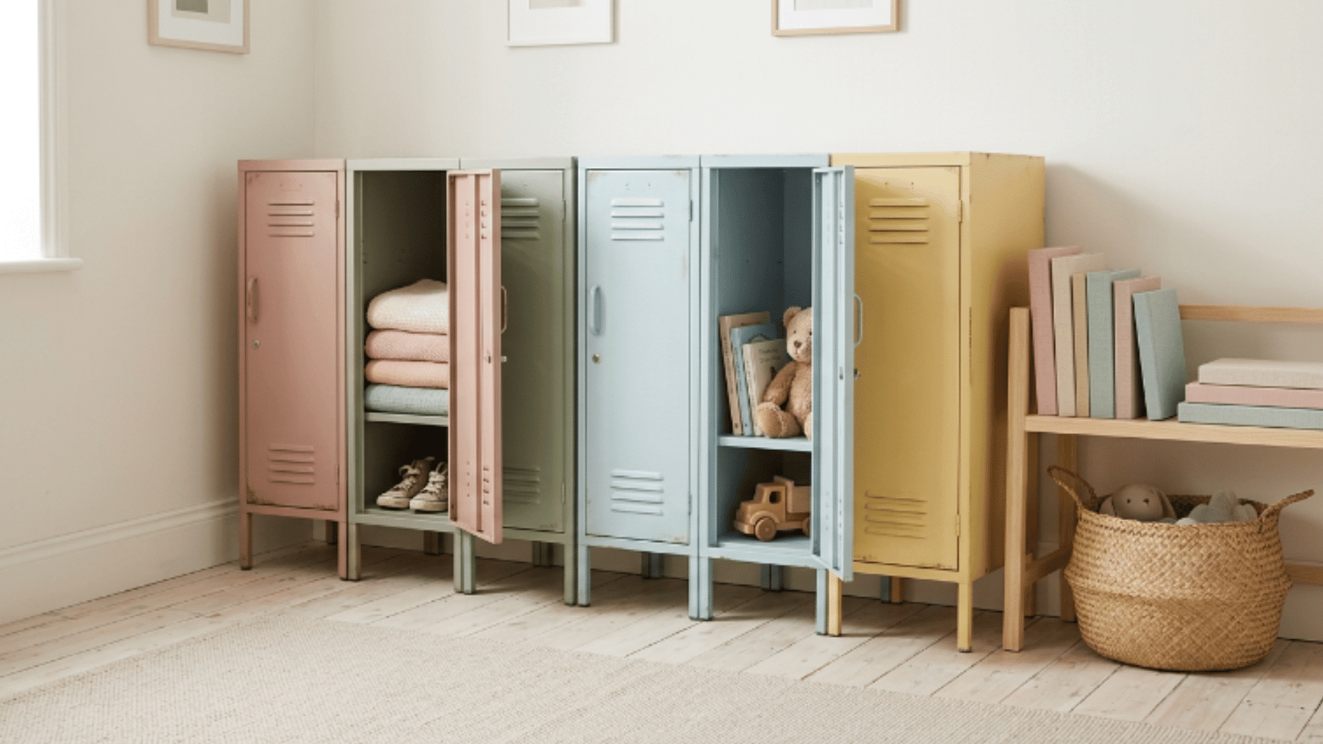 row of small lockers clean finish minimal items nearby simple playroom soft natural light