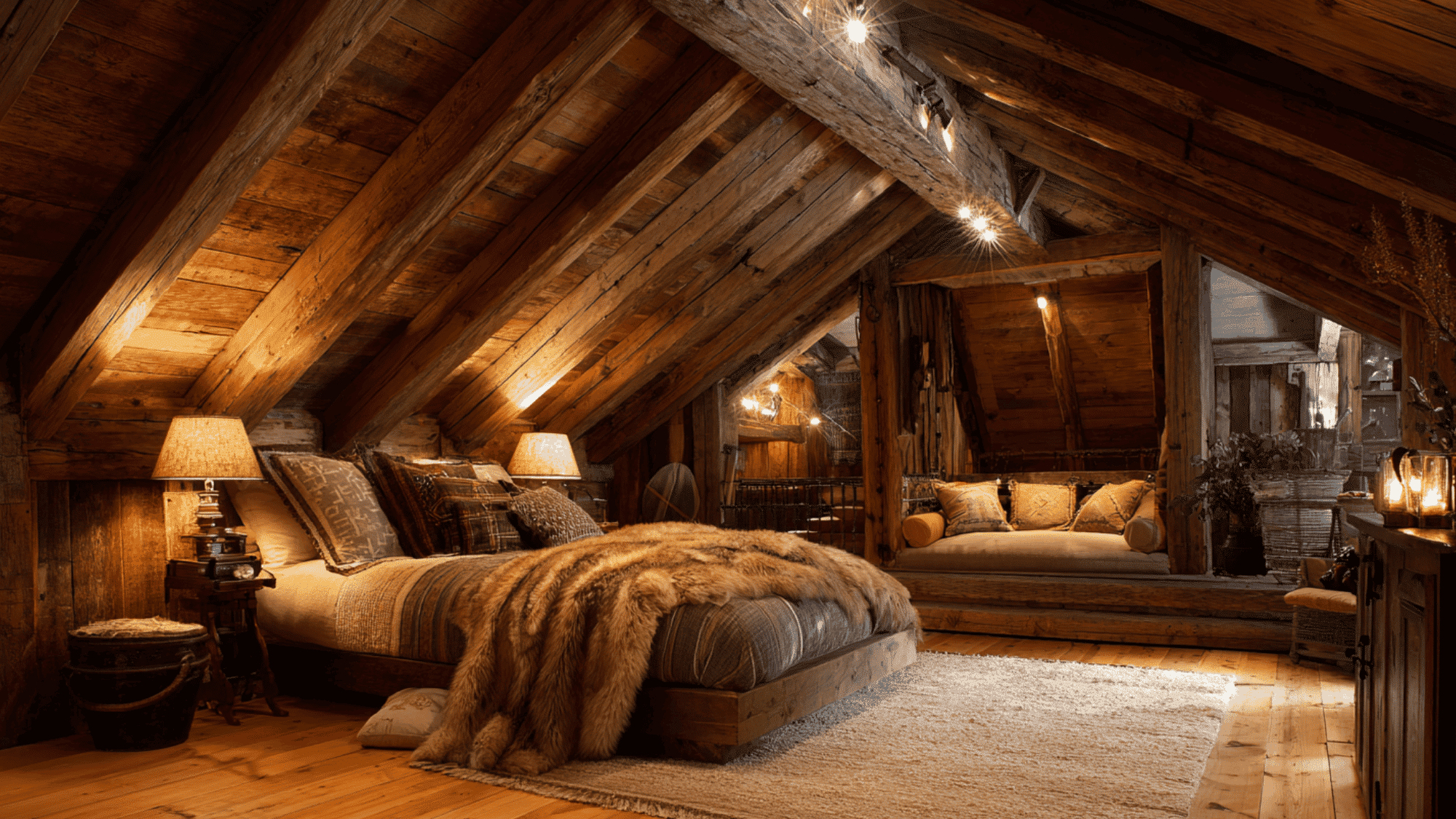 rustic attic bedroom with exposed wooden beams
