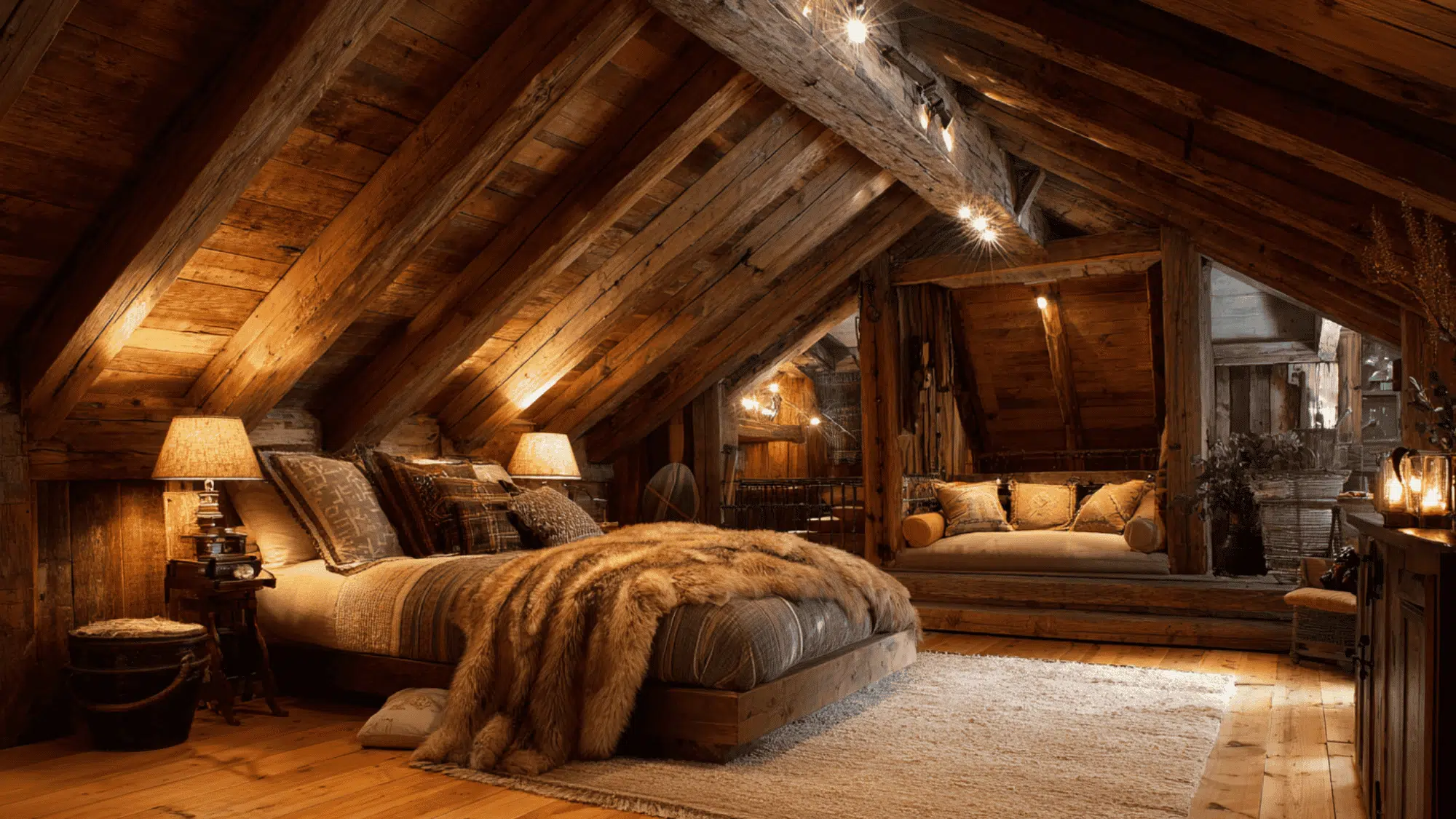 rustic attic bedroom with exposed wooden beams