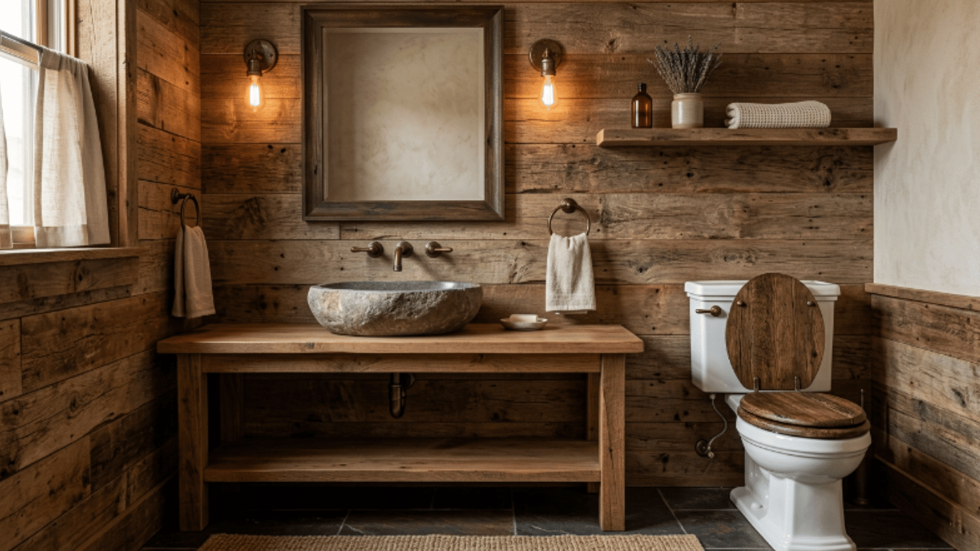 rustic cabin guest bathroom with wood walls stone basin warm earthy tones front view (1)