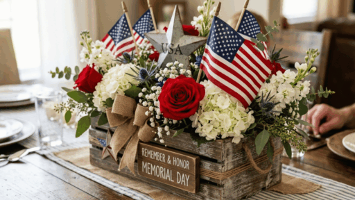rustic Memorial Day centerpiece with roses, hydrangeas, flags, and wooden box decor.