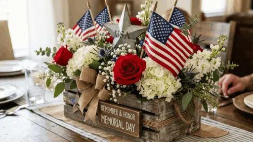 rustic Memorial Day centerpiece with roses, hydrangeas, flags, and wooden box decor.
