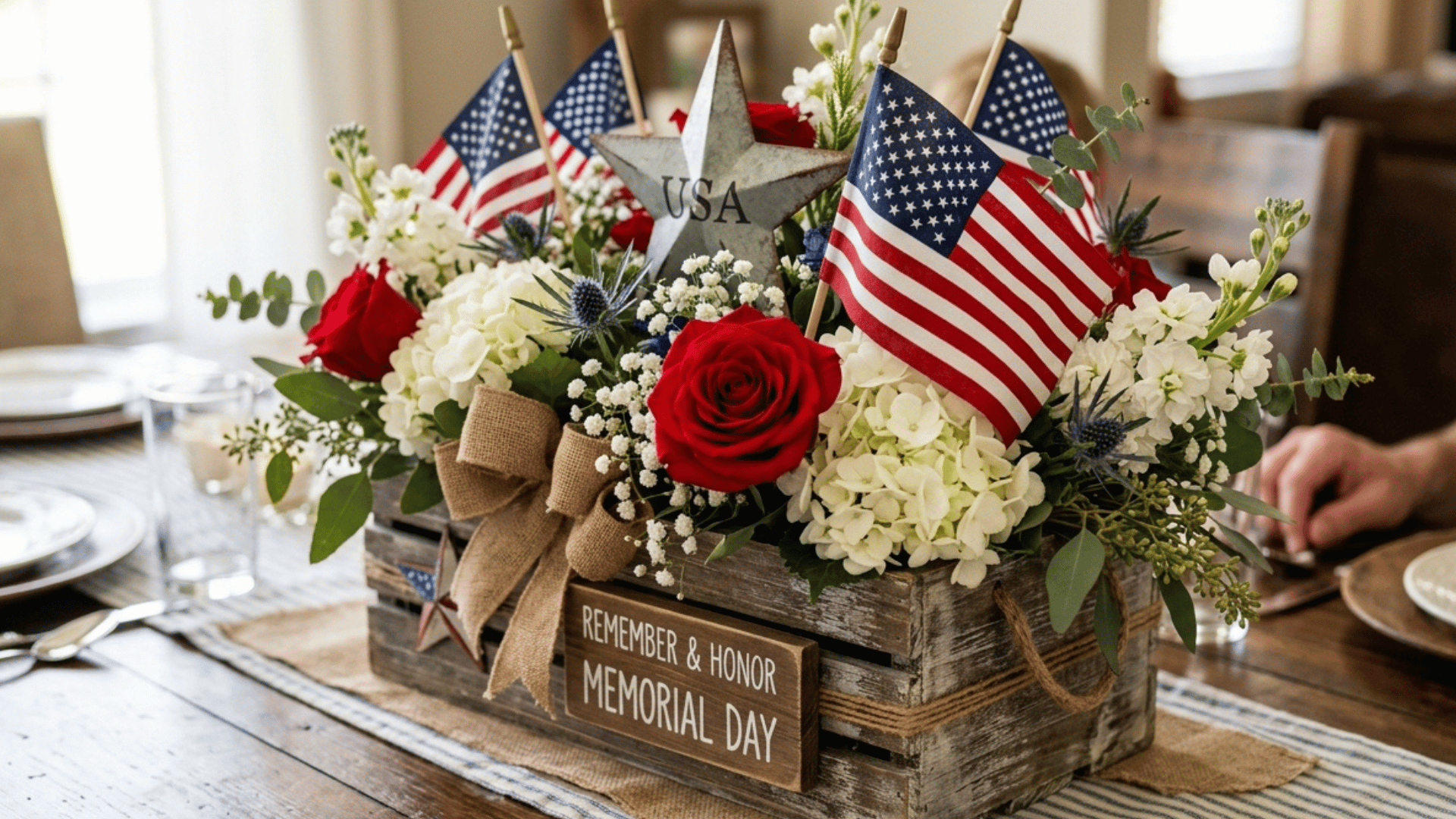 rustic Memorial Day centerpiece with roses, hydrangeas, flags, and wooden box decor.