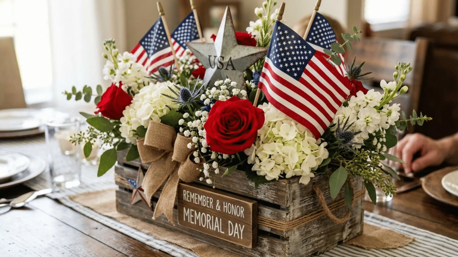 rustic Memorial Day centerpiece with roses, hydrangeas, flags, and wooden box decor.