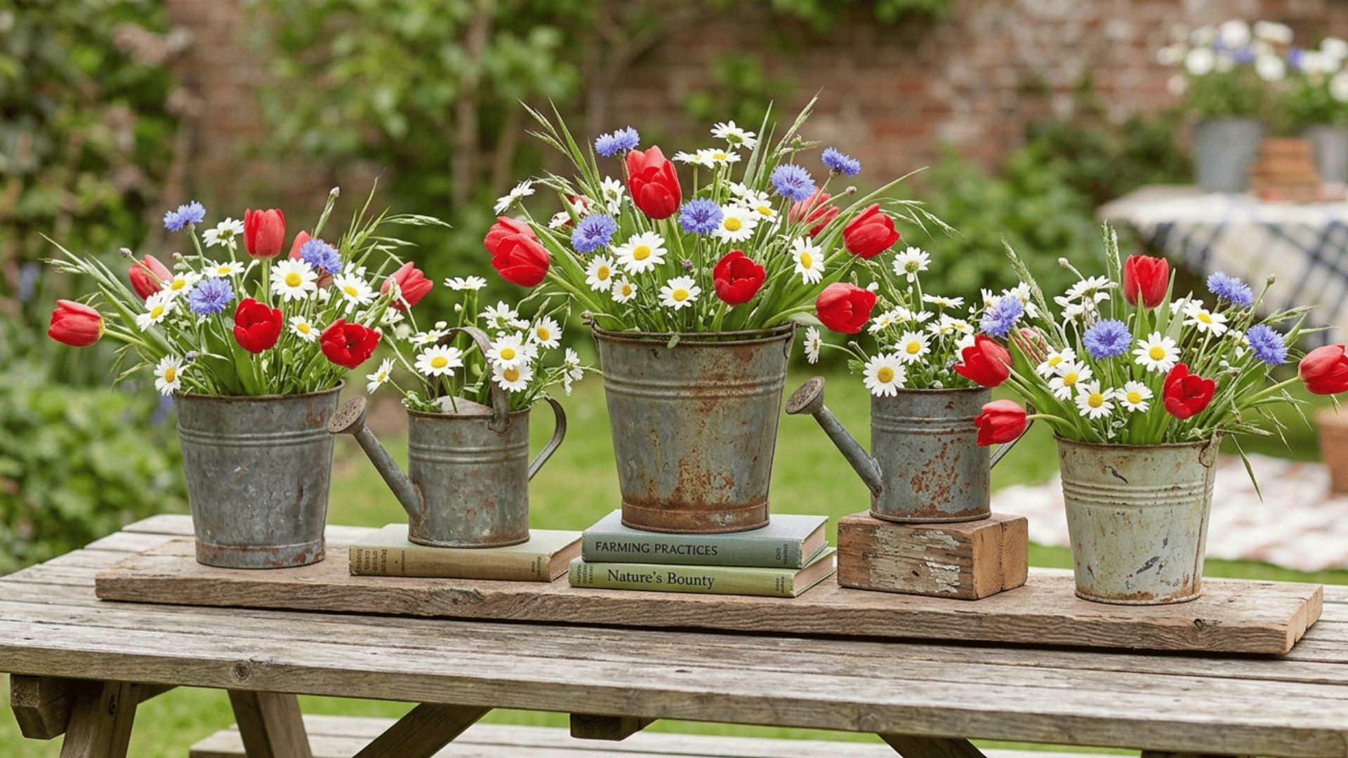 rustic metal watering cans with red, white, and blue flower arrangements.