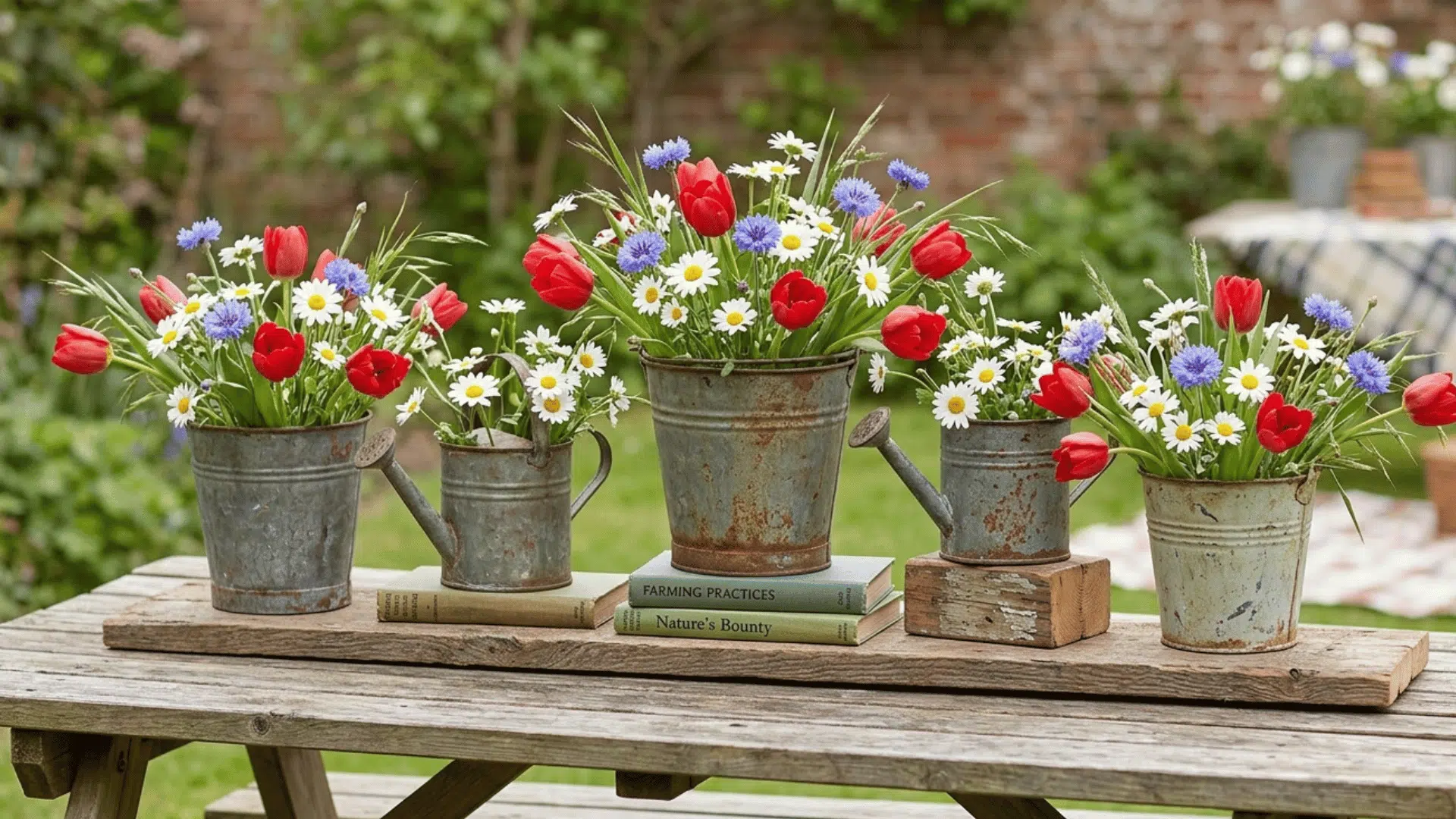 rustic metal watering cans with red, white, and blue flower arrangements.