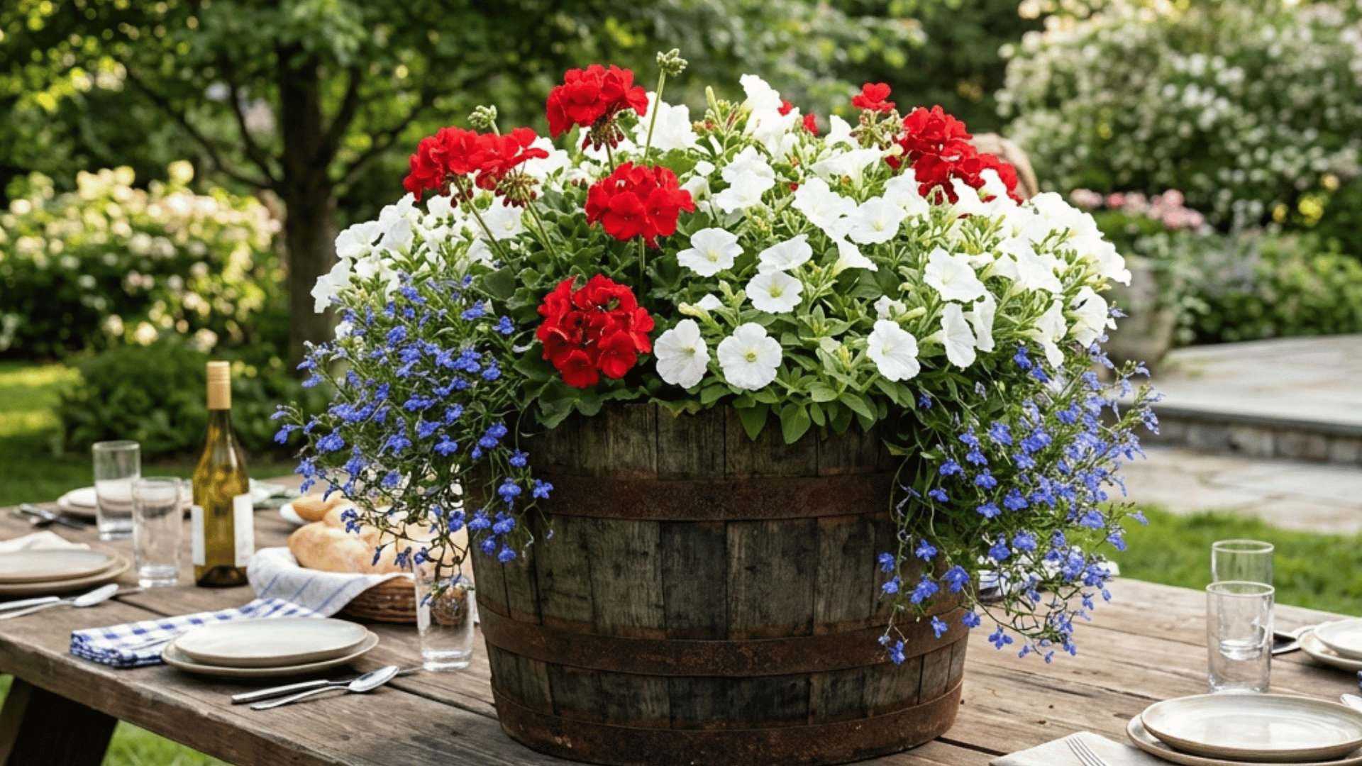 rustic wooden barrel planter with red, white, and blue flowers on outdoor table.