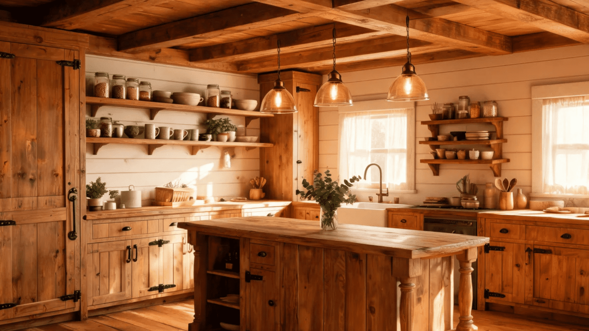 rustic wooden kitchen with shelves jars and warm pendant lighting