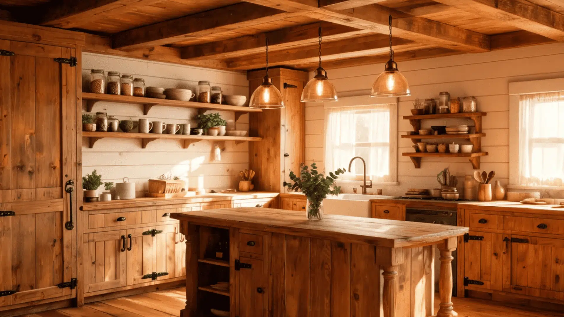 rustic wooden kitchen with shelves jars and warm pendant lighting