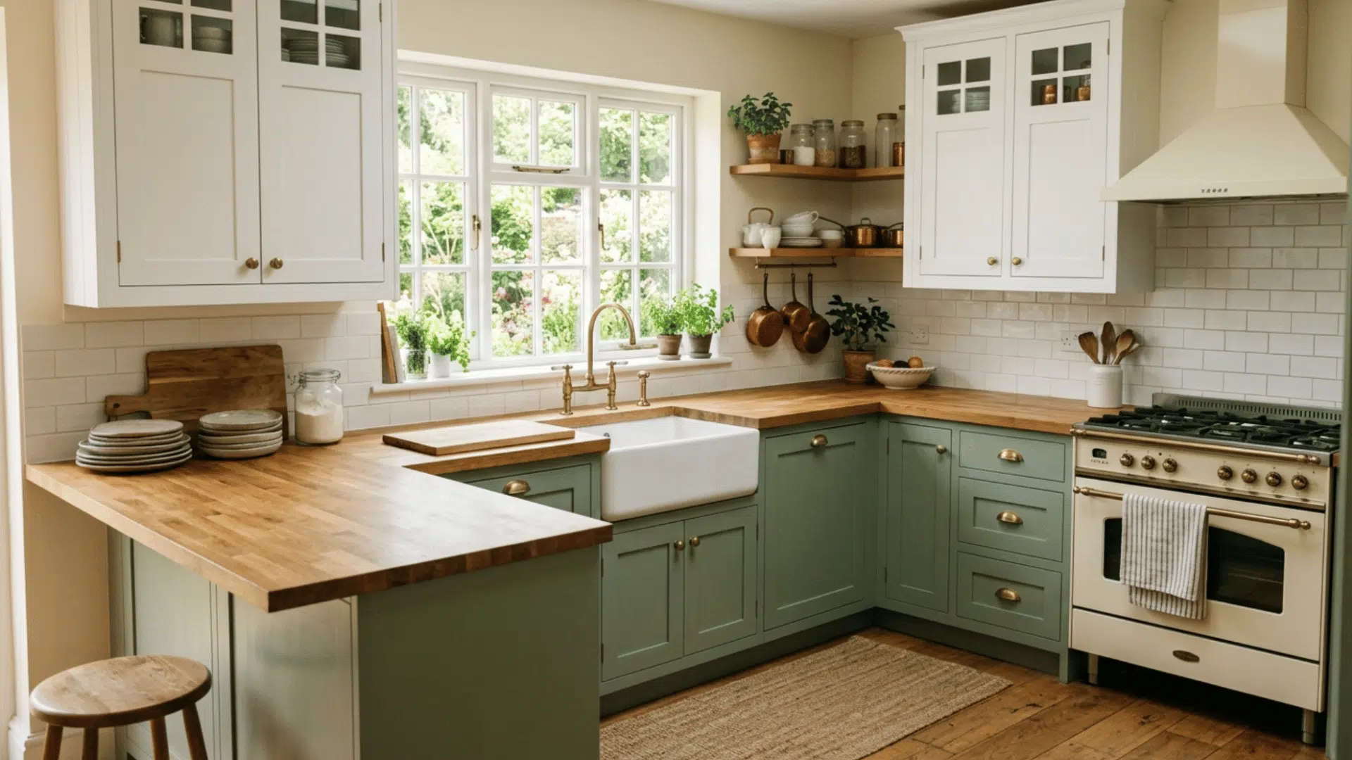 sage green base cabinets with white uppers create a fresh kitchen with natural tones and warm light