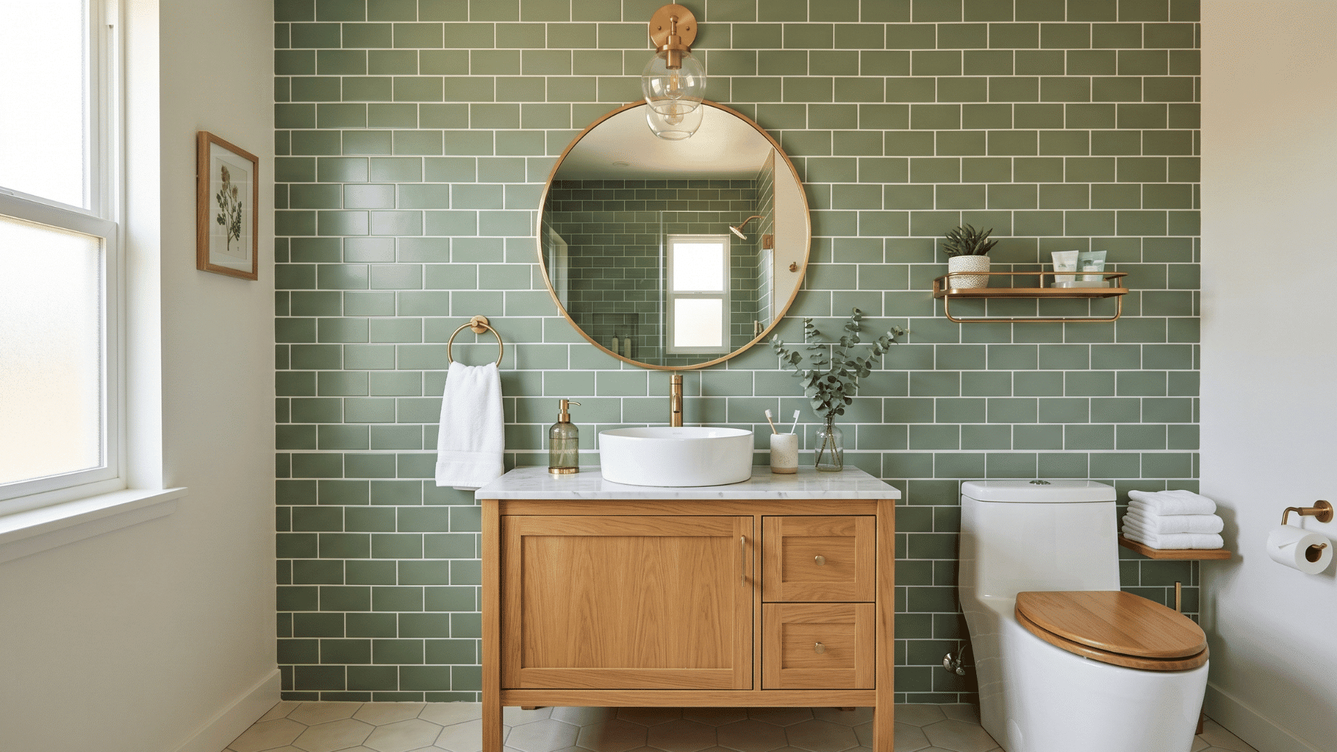 sage green subway tile guest bathroom with white basin brass fixtures clean minimal space front view (2)