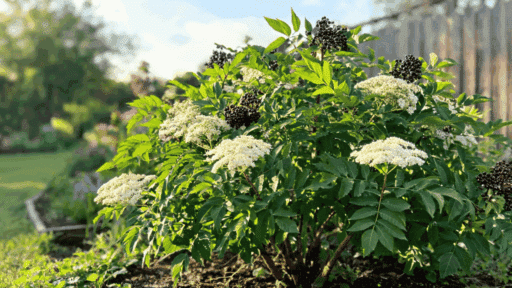 sambucus canadensis growing guide with white flowers and dark berries in garden